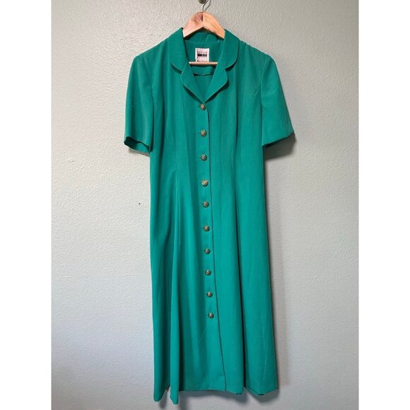 Vintage‎ Leslie Fay Women's Teal Gold Pearl Button Up Midi Collared Dress Sz 12P - Picture 1 of 12